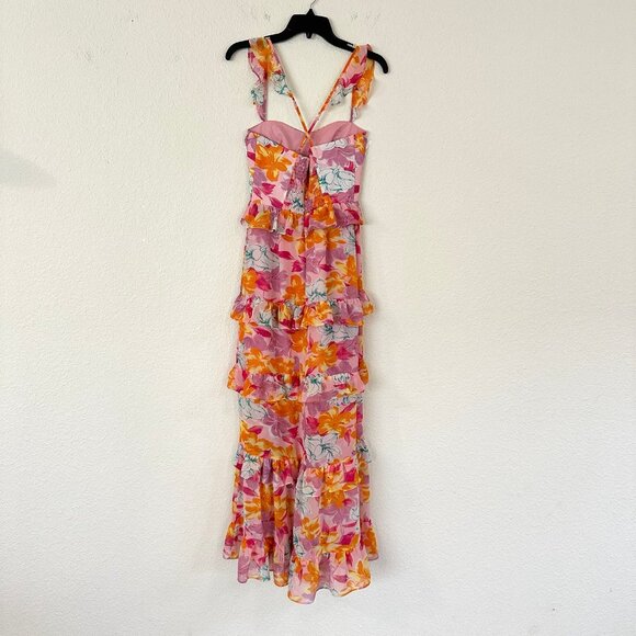 WAYF Womens With Love Tiered Maxi Dress Size XS Pink Tropical Ruffle Sleeveless - Picture 3 of 11